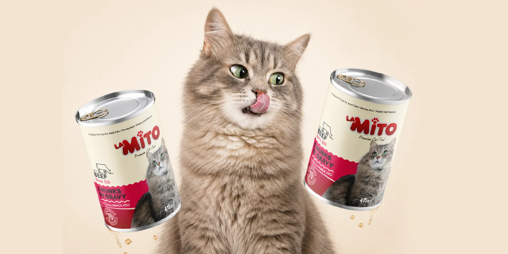 1 kg ve üzeri kedi kuru mama alımında 2 x 415 g LaMito Soslu Dana Etli Kedi Yaş Mama Hediye!